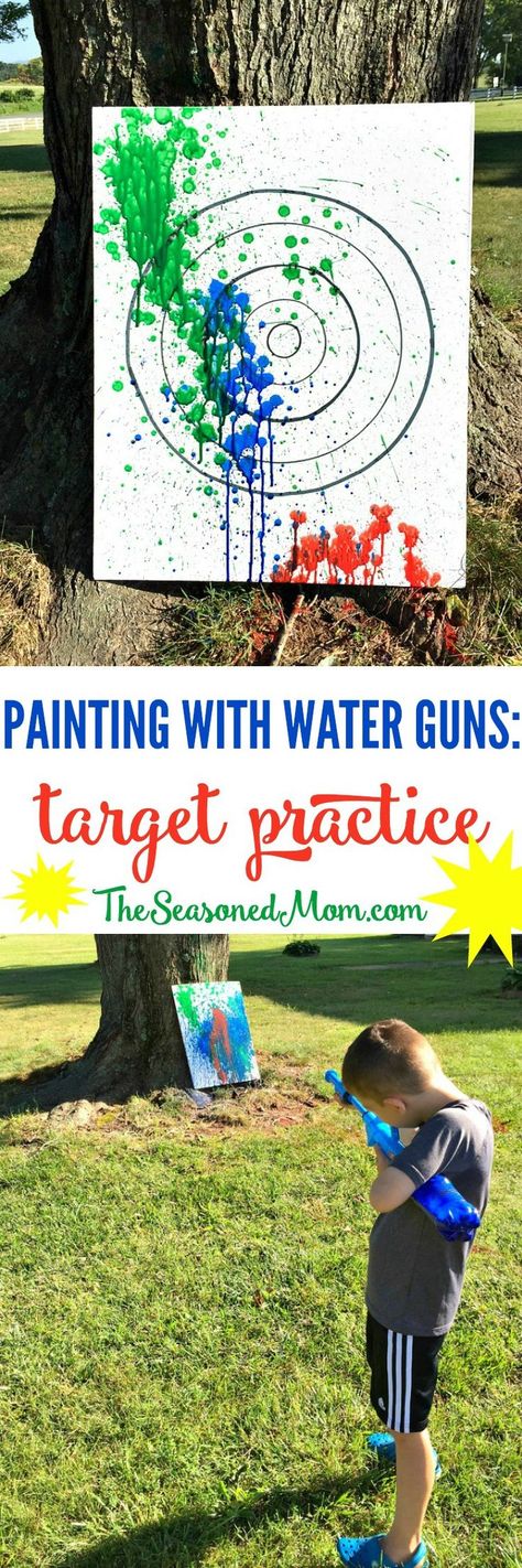 Have a BLAST with this fun outdoor activity for kids! My boys loved Painting with Water Guns while aiming at a target. It's the perfect summertime camping game, party game, or kids' summer camp activity! Outdoor Activity For Kids, Summer Art Activities, Painting With Water, Water Ideas, Timmy Time, Camping Activities For Kids, Summer Camp Activities, Bubble Solution, Painting Practice