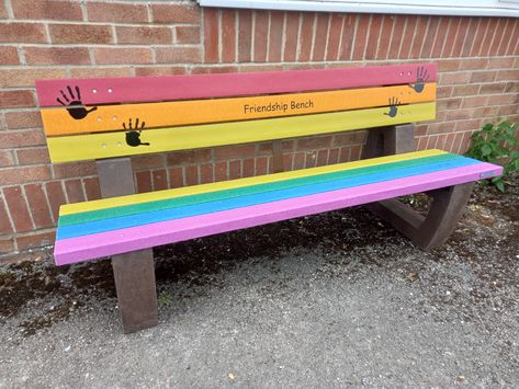 One of our beautiful Friendship Seats here for #CheamCommonJuniorAcademy! www.neptunestreetfurniture.co.uk/friendship-seat #friendshipseat #buddybench #seats #bench #schools #bespoke #engraving #rainbow #cheamcommon Friendship Bench, Buddy Bench, Dark Rainbow, Beautiful Friendship, Street Furniture, Bespoke, Bench, Outdoor Furniture, Rainbow