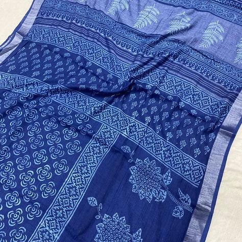 Blissful blues 💙 💫Premium Hand Block Printed Linen Sarees Specially Designed in Bagru jahota rapid hand block print 100% Natural Dye Fabric : Linen Length : 5.5 Meters Blouse Piece : 0.90 Meter DM to buy 🛍️ #silksaree #handblockprinted #maheshwarisarees #newcollection #bagrutextiles #bagruprint #handcrafted #handblockprinting #printedfabric #instagood #dmtobuy #fastselling #bagru #dabuprint #jahotaprintsaree Blue Block Print Saree For Diwali, Eid Block Print Saree, Designer Block Print Semi-stitched Saree, Block Print Dupatta Handmade, Indigo Cotton Saree With Block Print, Dabu Print, Bagru Print, Natural Dye Fabric, Printed Linen