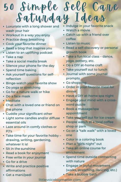 50 Simple Self Care Saturday Ideas 50 Self Care Ideas, Personal Self Care Ideas, Ultimate Self Care Day, Self Love Saturday, Pagan Self Care, Saturday Self Care Routine, Self Care Saturday Ideas, How To Start Self Care, Self Care Icebreaker