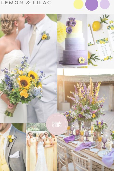 Purple and yellow wedding color palette for a spring or summer wedding! Yellow Wedding Color Palette, Purple And Yellow Wedding, Yellow Wedding Colors, Lilac Wedding Bouquet, Wedding Color Palette Summer, Wedding Color Scheme, Lilac Wedding, Weddings By Color, Summer Wedding Colors