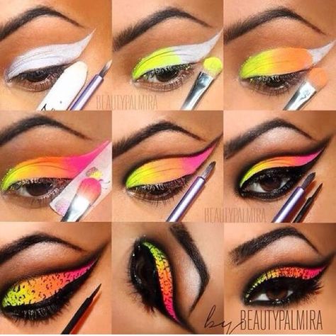 Disclaimer: unless otherwise mentioned all photos above are not mine they are photos I've found online and I find beautiful and would like to recreate in the future. Hawaiian Makeup, Colorful Eye Makeup Tutorial, Chola Makeup, Carnaval Make-up, Teknik Makeup, Make Up Designs, Neon Eyeshadow, Eyeshadow Ideas, 80s Makeup