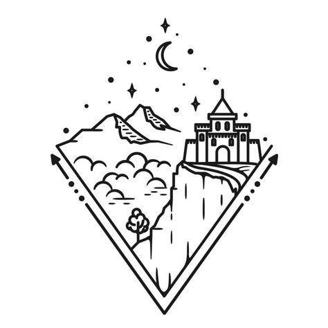 Mountain and castle, line art design Simple Castle Tattoo, Castle Line Art, Viking Line, Jagua Henna, Sharpie Drawings, Castle Tattoo, Cool Stencils, Mountain Drawing, Line Art Design