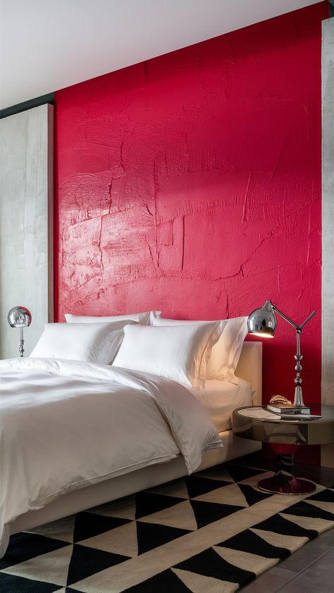 A modern bedroom with a striking hot pink accent wall, complemented by minimalist white linens, geometric decor, and sleek furniture for a bold, vibrant look. Hot Pink Bedroom Accents, Pink Bedroom Accent Wall, Hot Pink Accent Wall, Hot Pink Bedroom, Pink Accent Wall, Hot Pink Bedrooms, Bedroom Accent Wall, Pink Accent Walls, White Linens