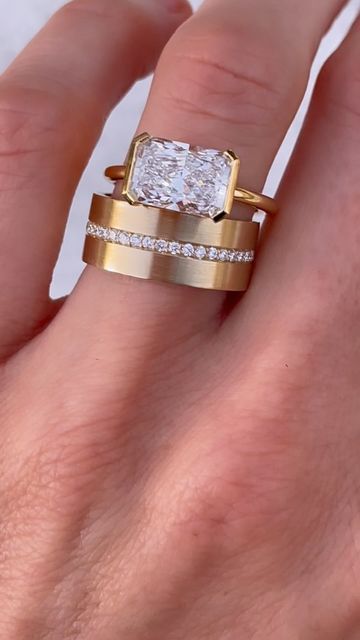 East West Engagement Ring Stack, Thick Band Wedding Rings, East West Half Bezel, Band Wedding Rings, Year Ring, Vogue Bride, Half Bezel, Radiant Cut Diamond, Future Wedding Plans