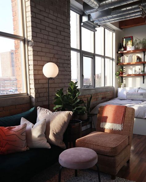 White Brick Apartment, Brick Studio Apartment, Apartment Exposed Brick, Cozy Nyc Apartment, Converted Factory, Brick Apartment, Brick Studio, Brick Making, Studio Apartment Divider