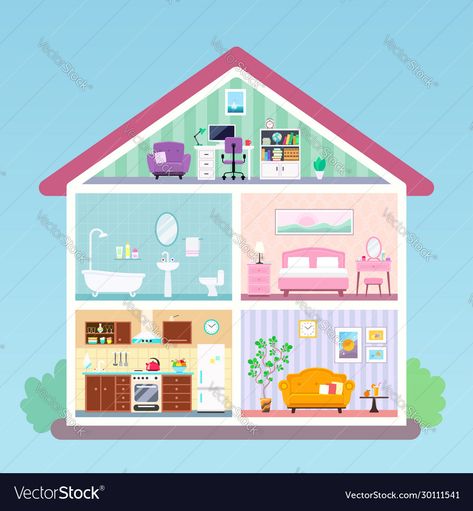 Modern Suburban House, Plans Architecture, Paper Doll House, Suburban House, Inside Interiors, Dolls House Interiors, Barbie Doll House, House Illustration, House Inside