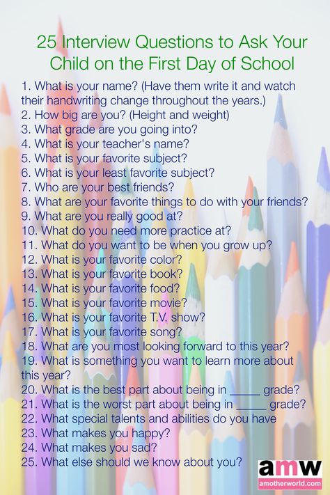 25 Interview Questions to Ask Your Child on the First Day of School on @amotherworld First Day Of Preschool Interview, Questions To Ask Kindergarten Teacher, First Day Of School Interview Questions, Kindergarten Interview Questions, Questions To Ask Kindergarteners, First Day Of School Questions, First Day Of School Interview, Family Council, School Interview Questions