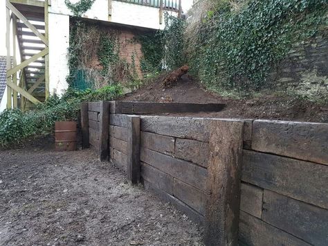 Image result for uk railway sleepers as decking Garden Sleeper Ideas, Sleepers Garden Ideas, Sleepers Garden, Garden Sleepers, Railway Sleepers Garden, Reclaimed Railway Sleepers, Back Garden Landscaping, Sleeper Wall, Sleeper Retaining Wall