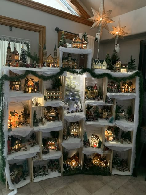 Christmas Village Display Shelves, Christmas Village Displays, Christmas Tree Village Display, Diy Christmas Village Displays, Christmas Home Decorations, Christmas Tree Village, Christmas Village Sets, Diy Christmas Village, Christmas Fireplace Decor