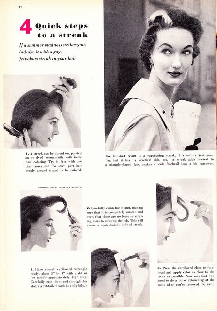 How to streak your hair - article from the 1950's Mallen Streak, 50s Hair, Easy Vintage Hairstyles, Vintage Sleigh, Hair History, Vintage Hairstyle, Historical Hairstyles, Beauty Tutorial, Blonde Streaks