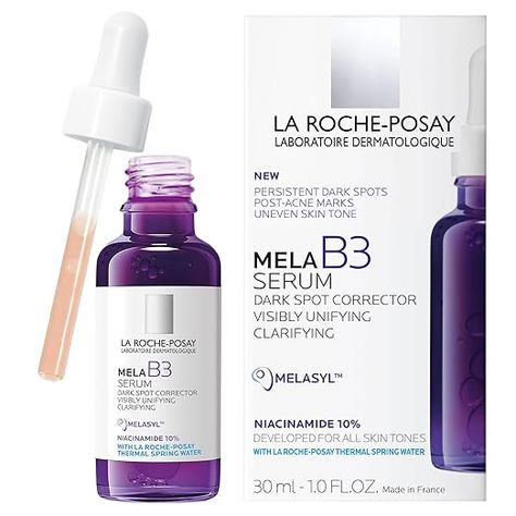 DESCRIPTION Powered by Melasyl™, the newest, exclusive La Roche-Posay ingredient, in combination with 10% Niacinamide. A first-of-its-kind discoloration serum to visibly correct persistent dark spots with long-lasting results. BENEFITS Visibly corrects age spots, sunspots, liver spots, acne marks, uneven skin tone, dullness & lack of radiance. SUGGESTED USE Apply 3-4 drops on clean skin in the AM & PM. In morning use with Mela B3 UV sunscreen SPF 30. Avoid eyes area. Discoloration Correcting Serum, Discoloration Serum, Botox Face, Lightening Serum, Post Acne Marks, Dark Spot Corrector, Acne Marks, Roche Posay, La Roche Posay