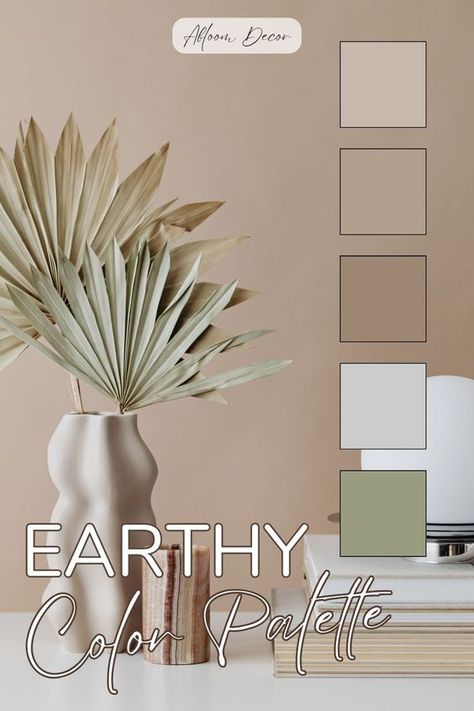 Do you love a good earthy color palette?! I created this nature color scheme based on a picture of dried green leaves in a beige vase next to a stack of decorative books. In my blog post, I will discuss some of the benefits of earth-tone colors and tips for incorporating them into your home. Then, I will provide the color hex codes and the Sherwin-Williams paint color matches. Nature Color Scheme, Warm Interior Paint Colors, Earth Color Palette, Color Hex Codes, Neutral Living Room Colors, Earth Colour Palette, Beige Vase, Small Bathroom Paint, Painted Earth