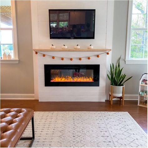 Fireplace Between Windows, Recessed Electric Fireplace, Basement Fireplace, Built In Electric Fireplace, Fireplace Built Ins, Faux Fireplace, Room Additions, Fireplace Remodel, Diy Fireplace