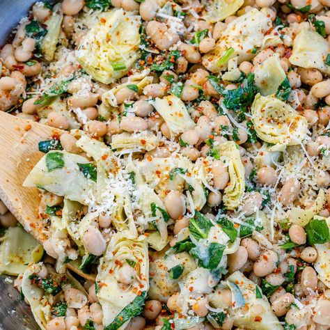 Spinach Artichoke Cannellini Beans Spinach Artichoke Healthy, White Bean Artichoke, Beans Side Dish, Amanda Nighbert, Cannellini Beans Recipes, Vegetable Casseroles, Recipe With Spinach, 30seconds Food, White Bean Recipes