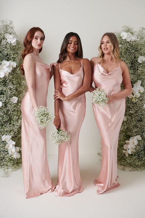 Baby Pink Bridesmaid Dress, Blush Satin Bridesmaid Dresses, Bridesmaid Dresses Pink Blush, Brodesmaid Dresses, Pink Silk Bridesmaid Dresses, Groomsmen And Bridesmaids Colors, Bridesmaid Dresses Matching, Light Pink Satin Dress, Bridesmaid Dresses Blush Pink