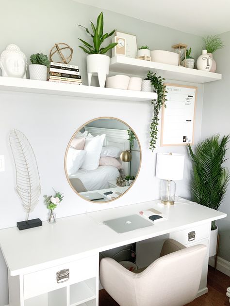 Boho Desk And Vanity, Bedroom Desk Nook, Desk With Mirror Above, Vanity And Desk Combo Ideas Home Office, Womens Vanity Desk, Butterfly Bedroom Decor Aesthetic, Mirror Above Desk Bedroom, Asthetic Teen Girl Bed Room, Desk With Round Mirror