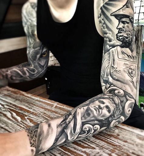 One Color Tattoo, Lil B Tattoo, Black And Grey Sleeve, Black And Grey Tattoos Sleeve, Nature Tattoo Sleeve, Black And Grey Tattoo, Traditional Style Tattoo, Statue Tattoo, Tattoo Background