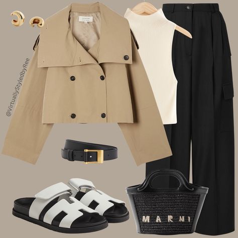 Cropped Trench Coat Styling. Perfect Spring City Break Outfit 🌳 Comment “LINKS” to shop the look in your DMs! 🌳 🏷️ Short Cropped Trench Coat, City Break, Marni Bag, Hermes Chypre Sandals, Black Trousers, Gold Jewellery #explorepage #citybreakoutfits #citybreakoutfit #stylepost #styleguide #styleinspo #styleoftheday #styletips #virtualstylist #styling #springfashion Trench Coat Styling, Coat Styling, City Break Outfit, Spring Styling, Cropped Trench Coat, Marni Bag, Spring City, Cropped Coat, Trench Coat Black