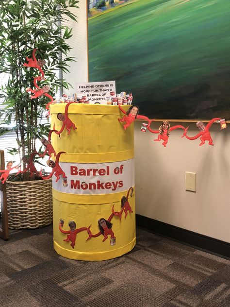 Canned food drive barrel decorating “more fun than a barrel of monkeys!” Diy Barrel Of Monkeys, Barrel Of Monkeys Decorations, Can Food Drive Box Ideas, Canned Food Drive Box Ideas Fun, Food Drive Box Ideas Fun, Food Drive Box Ideas, Thanksgiving Basket, Canned Food Drive, Donation Boxes