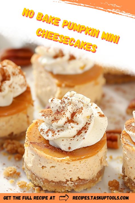 Indulge in the perfect blend of fall flavors with our No Bake Pumpkin Mini Cheesecakes. These delightful treats are easy to make, requiring no oven time, making them ideal for a quick dessert option. With a creamy texture and rich pumpkin spice, they are perfect for festive gatherings or cozy nights in. Discover a simple way to satisfy your pumpkin cravings and impress your guests with these charming, individual-sized cheesecakes. Enjoy all the taste of autumn in a bite-sized delight. Mini No Bake Pumpkin Cheesecake, Thanksgiving Mini Cheesecakes, Pumpkin Mini Cheesecakes, No Bake Mini Pumpkin Cheesecake, No Bake Mini Cheesecake Recipes, No Bake Pumpkin Desserts, Mini Pumpkin Cheesecake Bites, Mini Pumpkin Desserts, Mini Cheesecakes No Bake