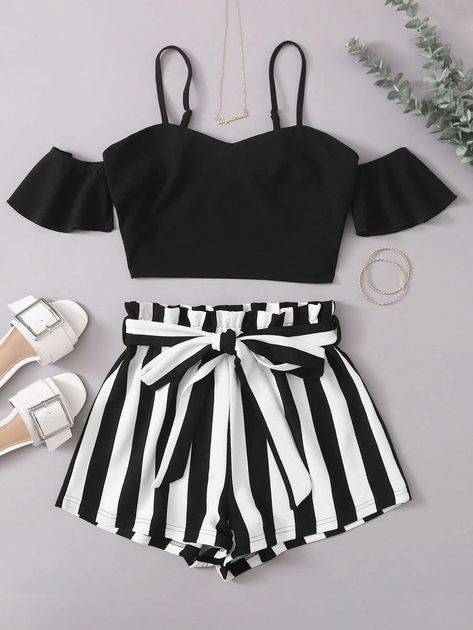 SHEIN Cold Shoulder Crop Top & Paperbag Waist Belted Striped Shorts Set | SHEIN USA Cold Shoulder Crop Top, Cute Dress Outfits, Shein Outfits, Trendy Outfits For Teens, Easy Trendy Outfits, Crop Top Outfits, Crop Top And Shorts, Simple Trendy Outfits