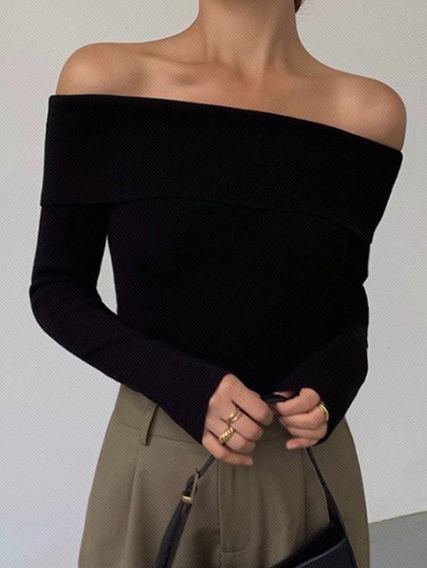 Women's Off Shoulder Solid Color Sweater, Spring And Autumn Black   Long Sleeve Knitwear  Basic Tops High Stretch  Women Clothing, size features are:Bust: ,Length: ,Sleeve Length: Black Off Shoulder Top Outfit, Shoulder Tops Outfit, Off The Shoulder Top Outfit, Black Off Shoulder Top, Drop Shoulder Cardigan, Solid Color Sweater, Black Off Shoulder, Color Sweater, Spring Sweater