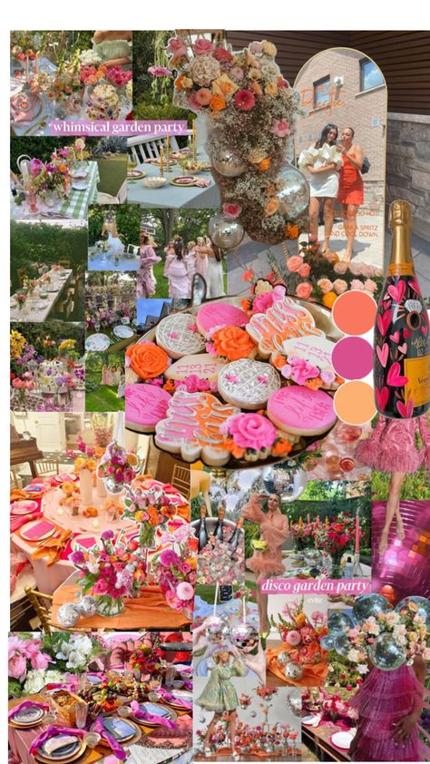 Disco Garden Party, Garden Disco, Garden Party Bridal Shower, Disco Party Decorations, 28th Birthday, Garden Party Birthday, Bachelorette Party Planning, Orange Roses, Disco Party