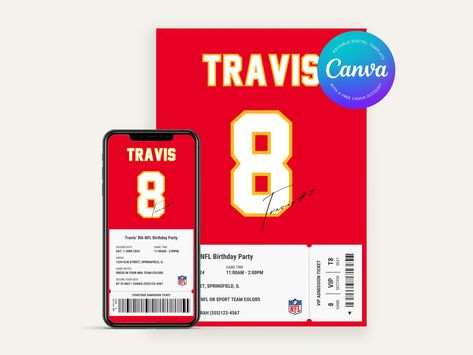 Editable Kansas City Chiefs Birthday Invitation | Canva Digital Template | Printable Party Invite | Children’s Birthday | NFL American Theme Kansas City Chiefs Birthday, Print Invitation, American Theme, Party Invitations Printable, Card Files, Kc Chiefs, Printable Party, Birthday Party Games, Birthday Invitations Kids