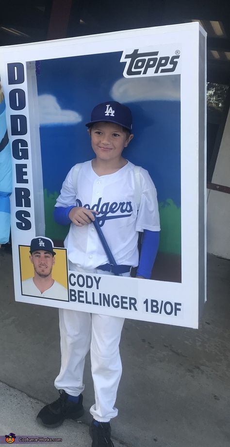 Dodger Costume Halloween, Boys Sports Halloween Costumes, Family Baseball Costumes, Football Card Halloween Costume, Football Costume For Boys, Baseball Card Costume Diy, Football Card Costume, Baseball Card Crafts, Baseball Family Halloween Costumes