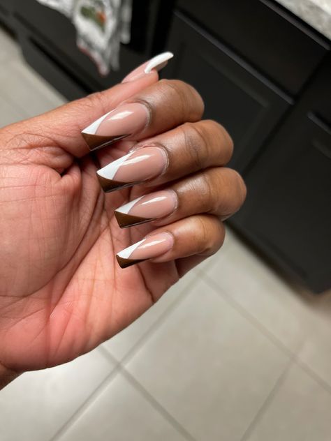 Black White And Brown Nails, Brown Nails With White Tips, White And Brown Nails, Brown And White Nails, Round Nail Designs, Rounded Acrylic Nails, Coffin Acrylic Nails, Brown Acrylic Nails, White Tip Nails