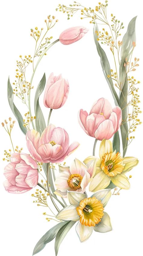 The image is a watercolor painting of a wreath of flowers. The flowers are pink and yellow tulips and white and yellow daffodils ->> more details in ai-img-gen.com Pink And Yellow Tulips, Yellow And White Flowers, Yellow Daffodils, Yellow Tulips, Pink And Yellow, Vintage Yellow, The Flowers, Pink Ribbon, Daffodils