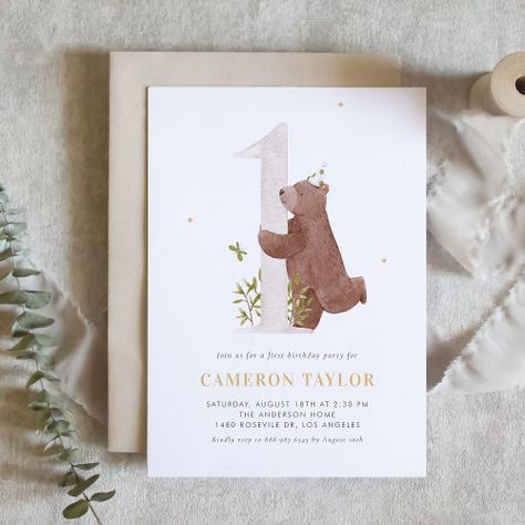 $2.65 | Cute Watercolor Bear Woodland First Birthday Party | Birthday Invitations | first birthday party invitation, first birthday invitation, first birthday, woodland, woodland first birthday invitation, bear first birthday invitation, 1st birthday invitation, woodland 1st birthday invitation, bear 1st birthday invitation, wild one Boho First Birthday Party, Bear 1st Birthday Party, Woodland First Birthday, Woodland Invitation Birthday, Bear Invitations, Woodland Birthday, Birthday Party Invitation Templates, Cute Watercolor, 1st Birthday Invitations