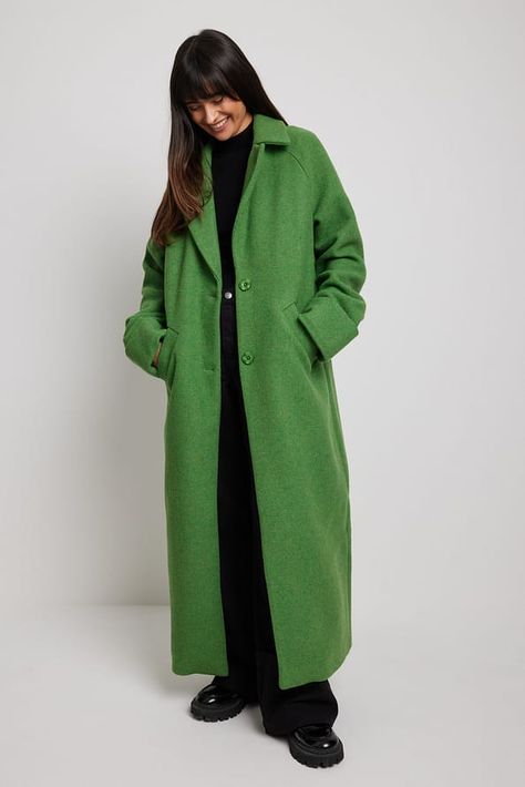 Maddie Demaine, Maxi Dress With Jacket, Long Green Coat, Green Wool Coat, Big Collar, Long Coat Women, Langer Mantel, Classy Casual Outfits, Oversized Coat