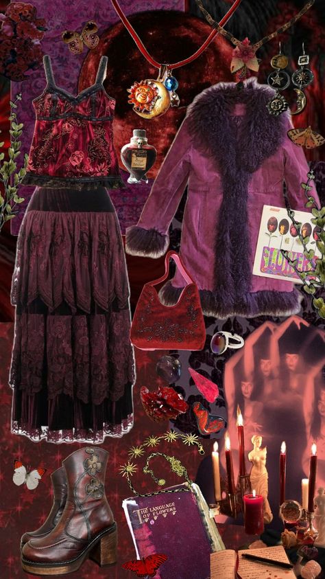 red whimsigoth fit #whimsigoth #goth #outfit #red #magic #90s Charmed Photoshoot, Red Whimsigoth Aesthetic, Red Whimsigothic, Red Whimsigoth Outfit, Comfy Whimsigoth, Whimsicraft Outfit, Whimsigoth Outfits Aesthetic, 60s Whimsigoth, Whimsigoth Moodboard