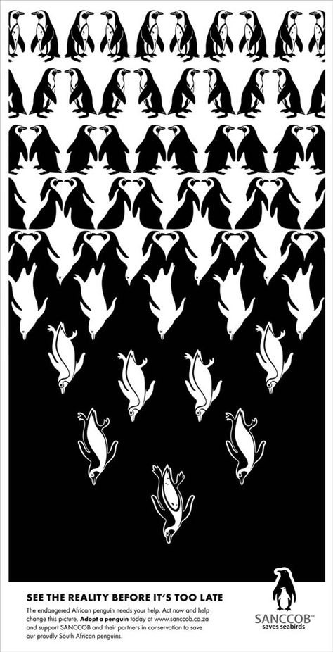 Print ad uses M.C. Escher illusion to open people's eyes to the endangered African penguin. Escher Art, Poster Grafico, Negative Space Design, African Penguin, Graphisches Design, Easy Drawing Tutorial, Mc Escher, Design Mandala, Publicidad Creativa