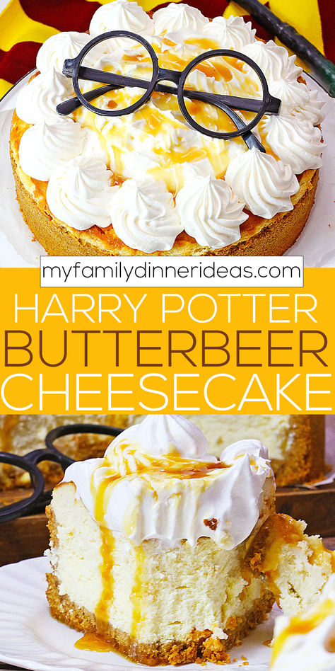 Harry potter butterbeer cheesecake Harry Potter Butter Beer Cheesecake, Hogwarts Butterbeer Cheesecake, Fall Cheese Cakes Recipes, Best Thanksgiving Cheesecake, Butter Beer Cheesecake, Harry Potter Cheesecake, Butterbeer Cheesecake Recipe, Butterbeer Treats, Cheesecake Recipes For Thanksgiving