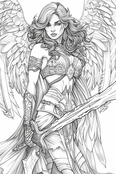 Grayscale Illustration, Mythology Drawing, Fantasy Coloring Pages, Celestial Being, Knight Tattoo, Perspective Drawing Architecture, Angel Artwork, Dreamy Artwork, Angel Warrior