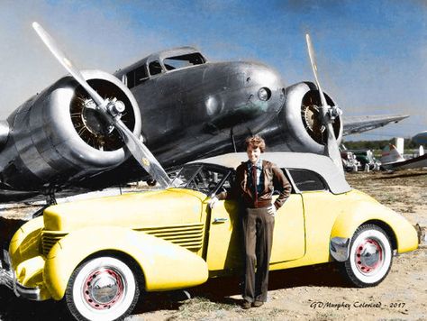 Amelia Earhart with her 1936 Cord 810 convertible and her Lockheed Electra 10E Special. Lockheed Electra, Military Airplane, Amelia Earhart, People Of Interest, Van Nuys, Vintage Airplanes, Vintage Aircraft, Us Cars, Military Aircraft