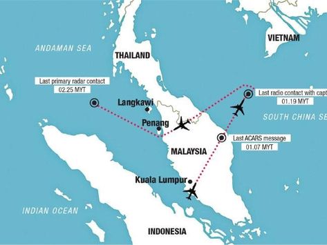 The confirmed track of Flight MH370 as recorded by military and civilian radars before it disappeared. Flight Mh370, Malaysian Airlines, Malaysia Airlines, An Engineer, Airline Flights, South China, Aviation History, Interesting Stuff, Roman Empire