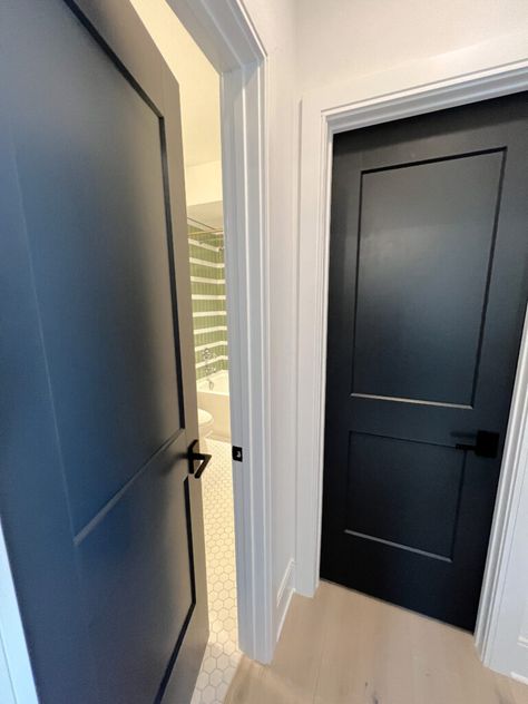 Sherwin Williams Eider White, Scandi Hallway, Interior Door Paint Colors, Blue Interior Doors, Benjamin Moore Wrought Iron, Interior Door Colors, Kylie M Interiors, Black Interior Door, Eider White