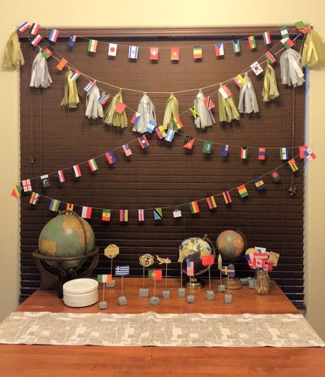 International Party Decorations, International Party Theme, Geography Display, International Decor, Bon Voyage Party, Around The World Theme, Food Event, International Party, Travel Party Theme