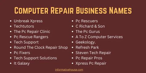 399+ The Most Catchy And Good Computer Repair Business Names Computer Repair Business, Unique Business Names, Shop Name Ideas, Computer Service, Name Boards, Pc Repair, Clock Repair, Names Ideas, Computer Repair