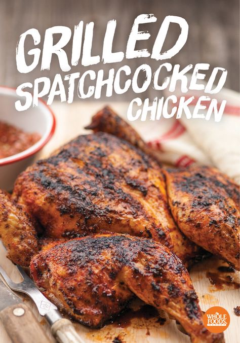 Split Whole Chicken On The Grill, Grilled Spatchcock Chicken Recipes, Grilled Spatchcock Chicken, Spatchcock Chicken Grilled, Split Chicken, Spatchcocked Chicken, Chicken On The Grill, Grilled Foods, Spatchcock Chicken