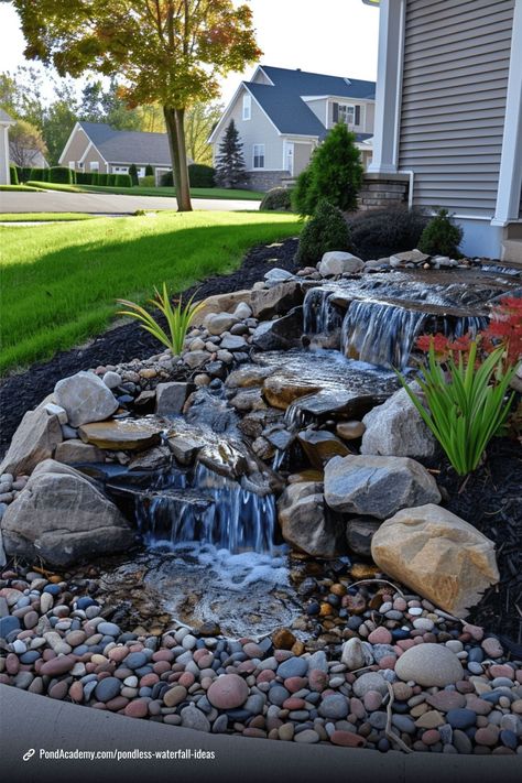 Transform your yard with a pondless waterfall feature! These stunning waterfall ideas offer a low-maintenance and eco-friendly way to enjoy the sounds of flowing water without the upkeep of a traditional pond. Front Yard Landscaping Ideas With Water Feature, Outdoor Pondless Water Feature, Small Outdoor Pond With Waterfall, Water In Garden Ideas, Rock Pond Waterfall, Waterfall Outside House, Front Yard Ponds Ideas, Patio Waterfall Ideas, Waterscape Design Landscape