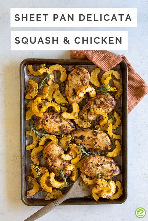 Sheet Pan Delicata Squash and Chicken | eMeals.com Mixed Greens Salad, Chicken Squash, Delicata Squash Recipe, Greens Salad, Chicken Skillet, Low Carb Plan, Healthy Plan, Delicata Squash, Fall Cooking