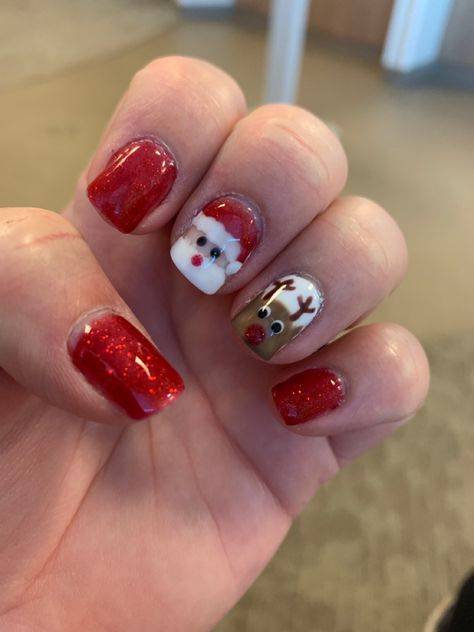 Christmas Nails Santa And Reindeer Nails, Christmas Nails Red Reindeer, December Nails Reindeer, Christmas Nail Art Reindeer, Red Snowman Nails, Reindeer Nails, Year Nails, Santa Nails, Santa Reindeer