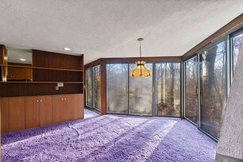 Say Farewell to Shag Carpet—Family Tackles Time Capsule Makeover | realtor.com® Shag Carpet Living Room, 70s Interior Design, Wayne Homes, Purple Living Room, 70s House, 70s Interior, Retro Interior Design, Shag Carpet, Carpet Living Room