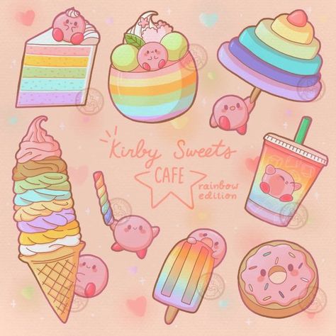 Cute Kirby Art, Kirby Cute, Kirby And The Forgotten Land, Rainbow Sweets, Rainbow Desserts, Desserts Drawing, Kirby Games, 귀여운 음식 그림, Kirby Character