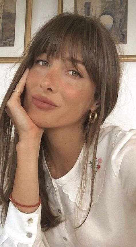 Mid Length Brown Hair With Fringe, Whispy Baby Bangs Short Hair, Sparse Bangs, Mid Length Hair With Fringe, Brown Hair And Bangs, Brown Hair With Fringe, Brunette Fringe, Brown Hair Bangs, Girl Haircut